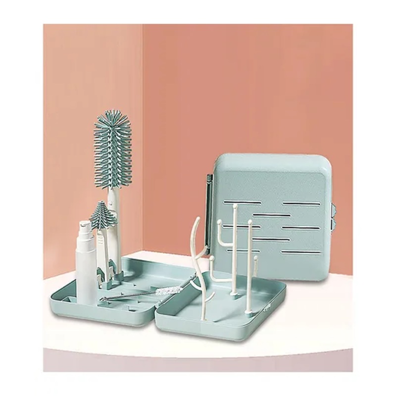 Tony Stark 6-in-1 Baby Bottle Cleaning Brush Set – Includes Silicone Bottle Brush, Nipple Cleaner, Straw Brush, Soap Dispenser, Storage Box, Bottle Drying Rack | Silicone Bristles (Plain Box – Green)