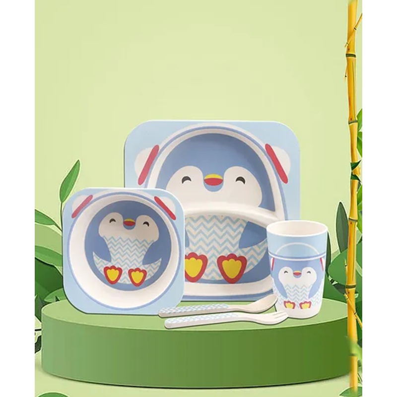 Tony Stark Bamboo Baby Feeding Set – 5-Piece Tableware for Toddlers, Kids & Babies Includes Plate, Bowl, Cup, Spoon, Fork – BPA-Free, Eco-Friendly |Organic & Natural (Penguin)