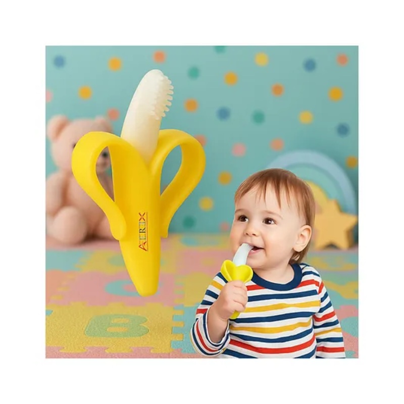 AEREX Banana Fruit Teether Teething for Newborn Babies, Infant & Toddlers BPA Free Natural Teething Freezer Safe Baby Teethers 0-6 Months (Pack of 1, Yellow)