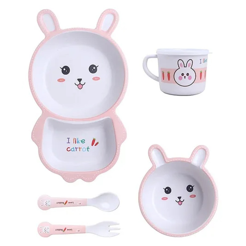 AKN TOYS RABBIT Design 5 Pieces Set Bamboo Kids Dinnerware Set Children Dishes Food Plate Bowl Mug Spoon Fork Set-(COLOUR MAY VARY)