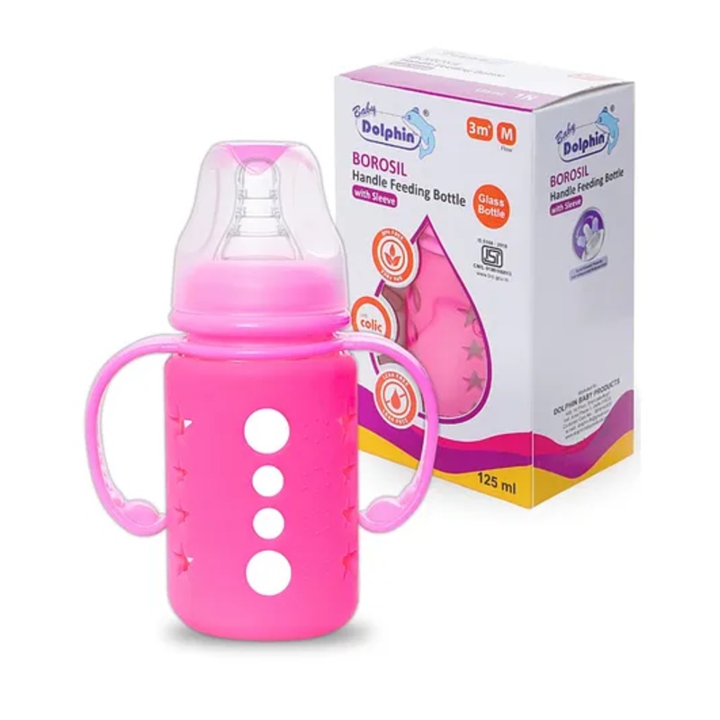 Baby Dolphin Anti-Colic Borosilicate Glass Handle Feeding Bottle with Sleeve, BPA Free, with Detachable Handle- 125ml, Pink