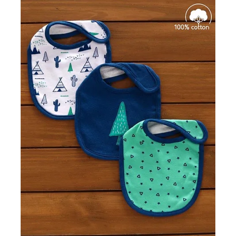 Babyhug Cotton Bibs Tree Embroidery Set of 3 – Blue & White