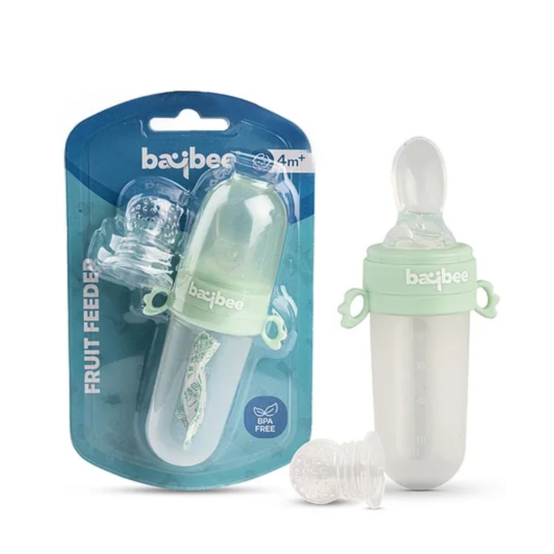 Baybee 2 in 1 Silicone Squeezy Food Feeder with Spoon & Fruits Pacifier Nibbler for Baby Chewing Teething Toy 40 ml – Green