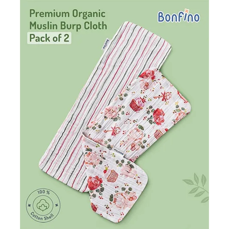 Bonfino Organic Muslin Burp Cloth Cupcake Print set of 2 – Pink & White