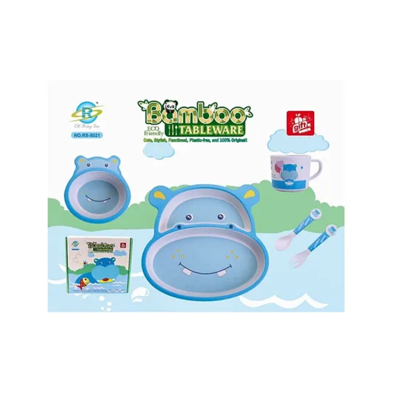 Comercio Bamboo Fiber Cartoon Shape Hippo Dinner Set Of 5 Pieces Blue