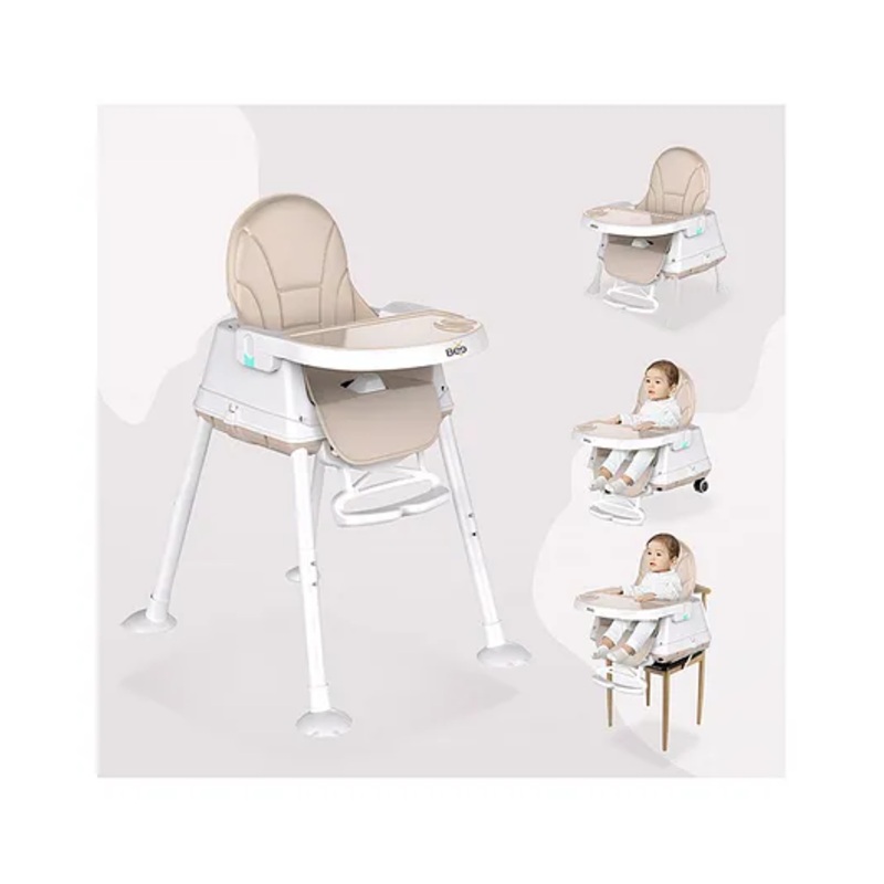 Golden Bee Deluxe 4 in 1 Convertible High Chair for Babies and Toddlers, Feeding Seat with Tray, Wheels, Safety Belt, and Cushion Seat, For Baby Boy & Girl 6 Months to 3 Years (khakhi)