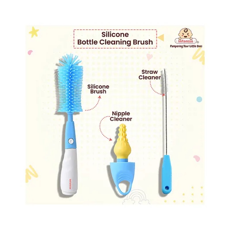 Infantso 3-in-1 Silicone Bottle Cleaning Brush: Deep Clean Baby Bottle, Nipples, and Straws – Blue
