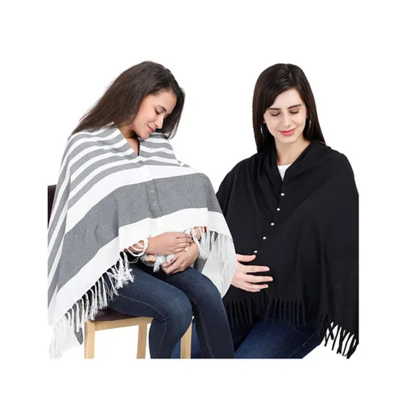 Lulamom Multi-Purpose Breast Feeding Nursing Shawl – Pack of 2 (Grey stripes & Black solid)