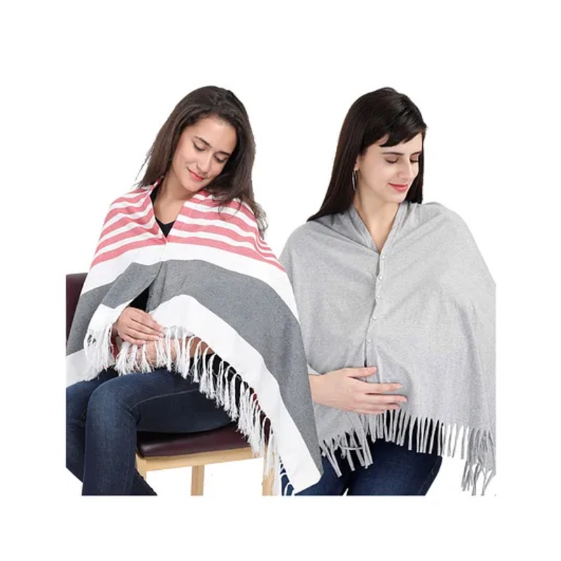 Lulamom Multi-Purpose Breast Feeding Nursing Shawl – Pack of 2 (Red stripes & Grey melange solid)