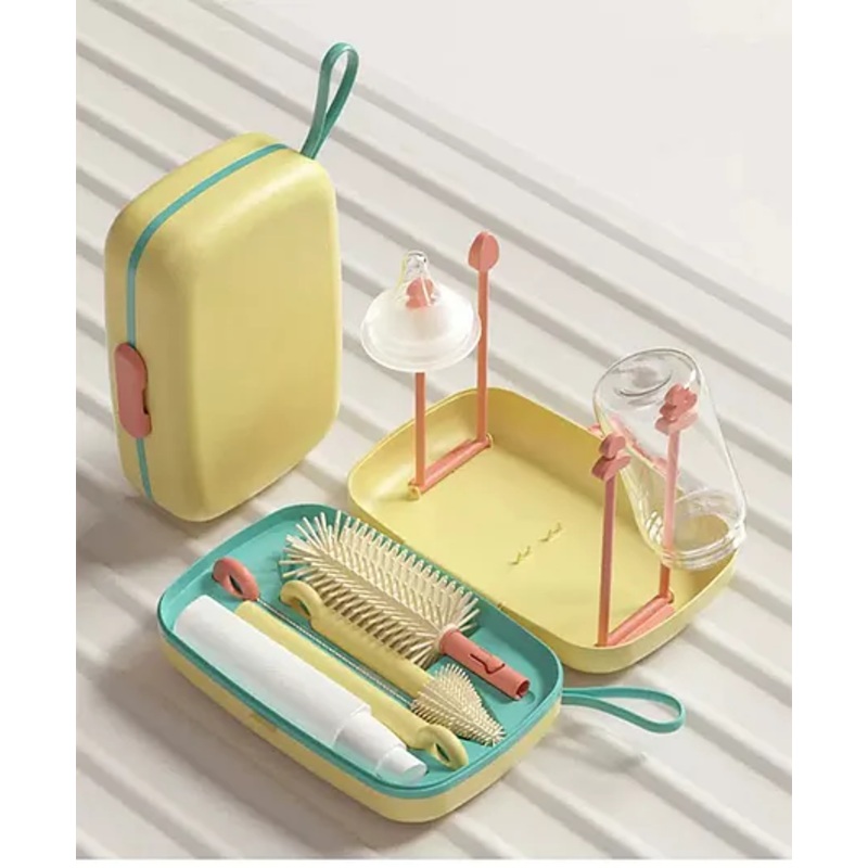 Multipurpose Bottle & Nipple Cleaning Brush Set Along With Bottle Drying Rack – Yellow