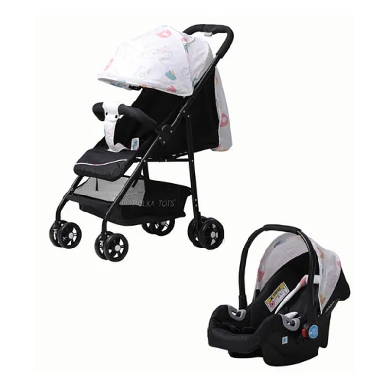 Polka Tots Click Clack Multipurpose Travel System Elephant Printed 1 Click Fold Stroller And Car Seat  Cream