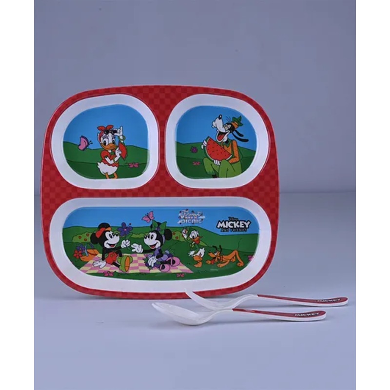 Servewell 3 Part Plate with Spoon and fork Mickey Mouse Theme Set of 3-  (Color and design may vary)