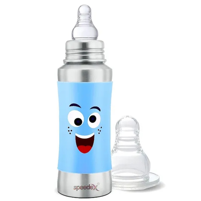 Speedex Stainless Steel Baby Feeding Bottle  240ml | Blue Smiley Print | Internal ML Marking | Silicone Grip | Mirror Finish | No Extra Nipple