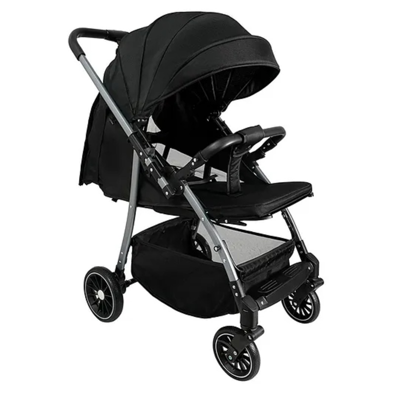 Standard Baby Stroller – Black| Reversible Handle| Paded Cushion| Adjustable Canopy| Concealed Linked Brake| Swivel Wheels| 5 point Safety Harness| Storage Basket| Recling Backrest| Single Hand Fold