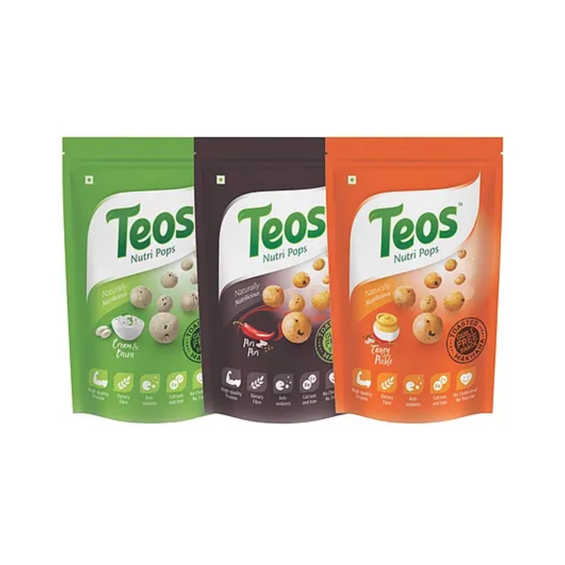 Teos Nutri Pops Roasted Makhana Cream & Onion Piri Piri & Tangy Pickle Pack of 3 – 195 g