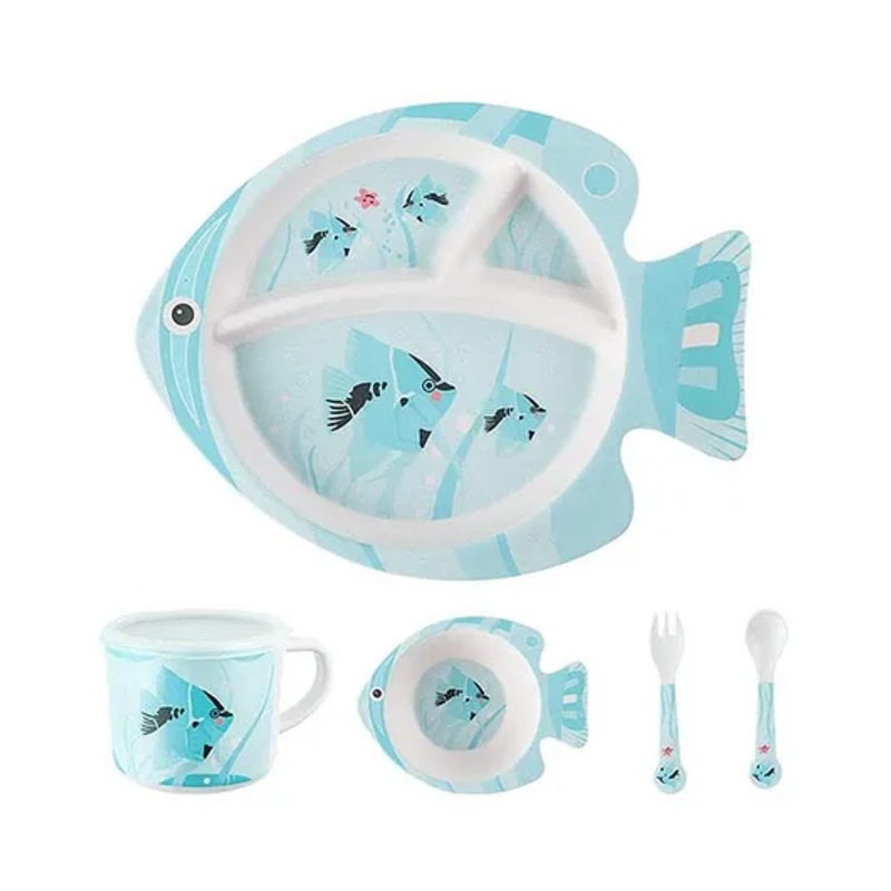 Vellique Cartoon Animal Fish Bamboo Fiber Dinnerware Plate and Bowl Set for Kids Toddler Plate Bowl Cup Spoon Fork Eco Friendly Non Toxic Self Feeding Baby Utensil Set of 5 Pcs – Multicolor