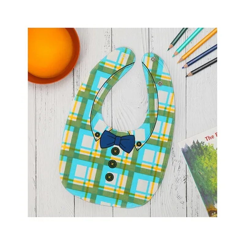 Yellow Bee Cotton Checks and Bow Print  Reversible Bib with Double  Closure for Boys – Green