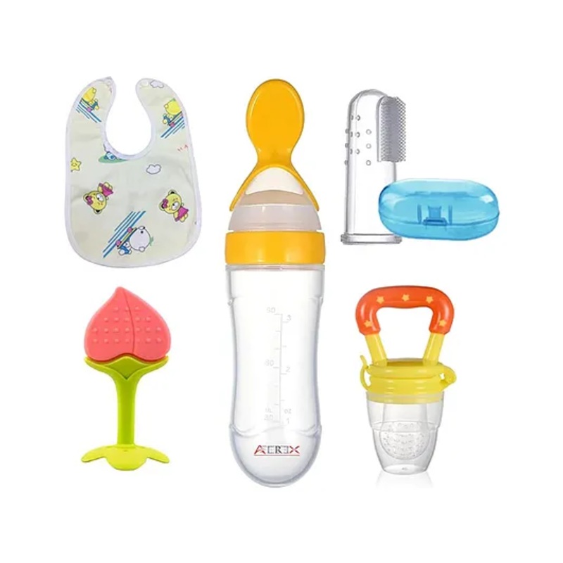 AEREX Baby Spoon Feeding Bottle, Fruit Nibbler, Silicone Finger Brush, Fruit Teether & Baby Bib Combo Feeding Bottle for Babies Feeding Combo (Yellow)
