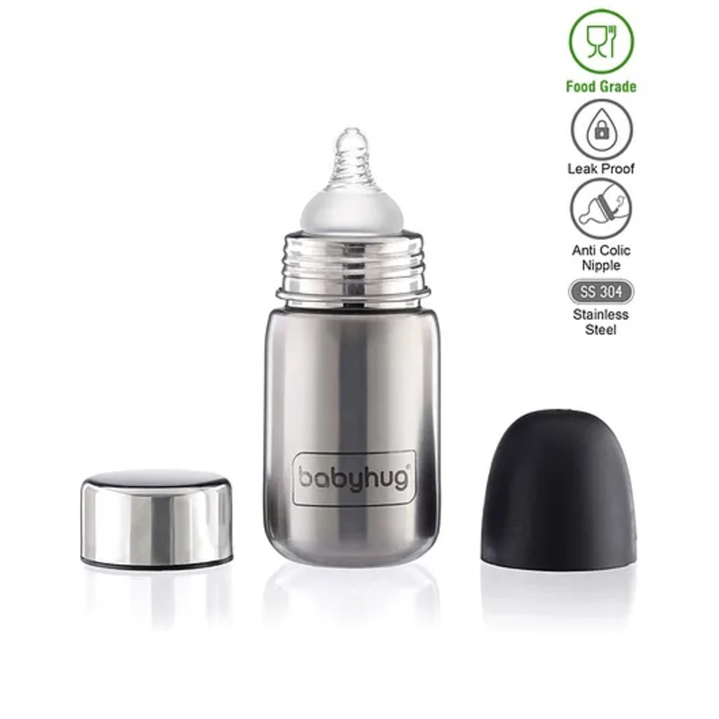 Babyhug Stainless Steel Feeding Bottle – 280 ml | Sterilizable| BPA Free| Leak Resistant | BPA Free | 304 Grade | Anti-Colic | Newborns & Toddlers