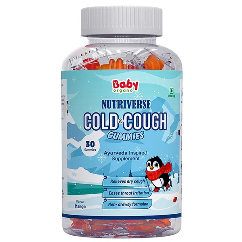 Babyorgano Nutriverse Cough & Cold Relief Gummies For Kids (2-15 Yrs) |30 Gummies |Relieve Dry Cough, Throat Irritation|Non-Drowsy, Ayurveda Inspired Formula, No Gelatin, Gluten, Dairy|Mango Flavor