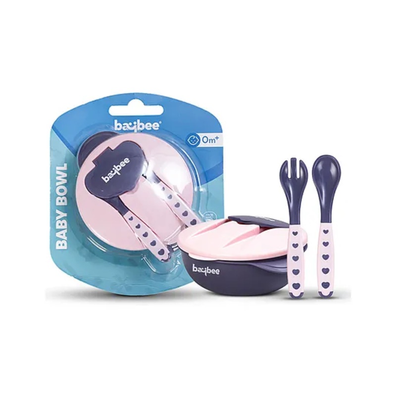 Baybee Baby Feeding Bowl with Lid Suction Cup Spoon & Fork Set – Pink