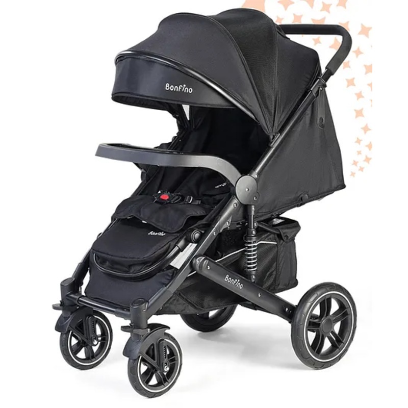 Bonfino Triton Stroller – Adjustable Canopy, Multi-Reclining Back Rest, 5-point Safety, Suspension Wheels – Black| Aluminum Frame| Compact Fold| Adjustable Leg Rest| Large Spacious Seat| Linen Fabric| Consealed Link Brake| Food Tray