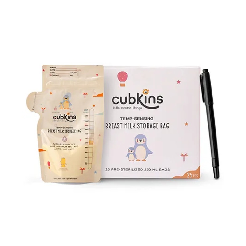 CUBKINS Breast Milk Storage Bags (Pack of 25) | Pre-Sterilized | Smart Temp. Sensor | BPA Free | Single Use | Leak Proof Double Zip | Separate Fill & Pour Spouts | 250 ml Capacity | Marker Included