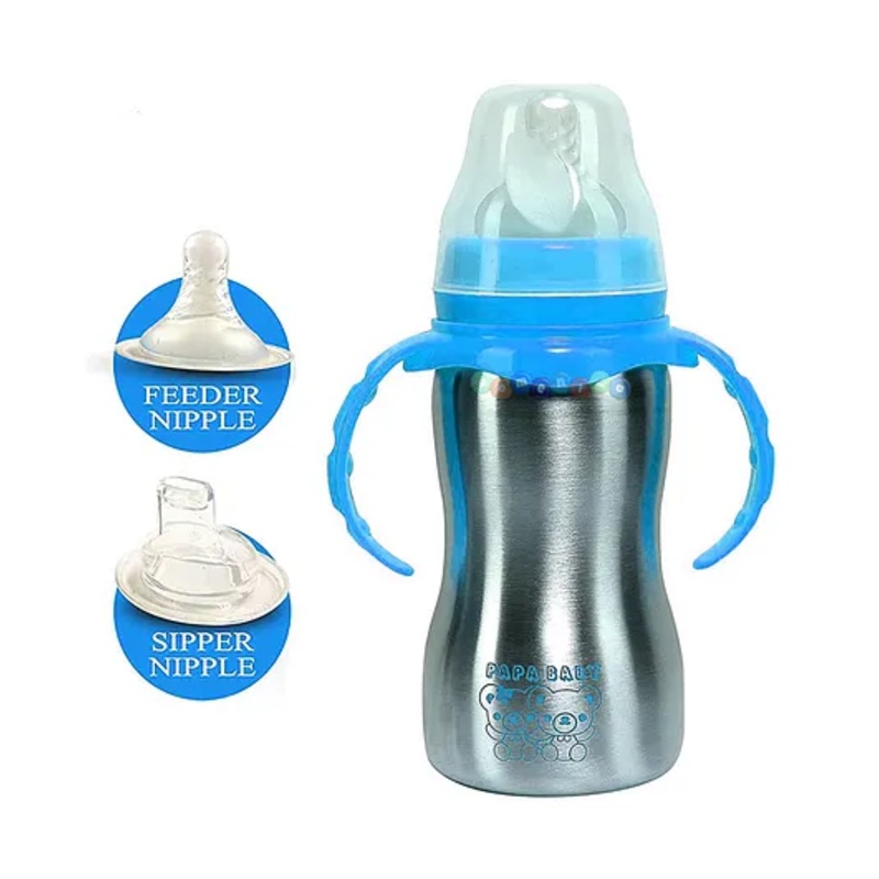 domenico World Baby Feeding Bottle in Stainless Steel rganic Kidz High Grade Stainless Steel 2 in 1 Sipper and Feeding Bottle with Silicone Nipple for Baby (Blue – 290 ml)