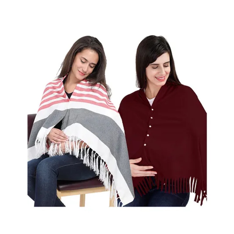 Lulamom Multi-Purpose Breast Feeding Nursing Shawl – Pack of 2 (Red stripes & Maroon solid)
