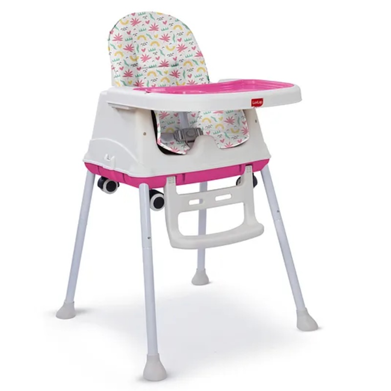 LuvLap Baby High Chair with Wheels Booster Seat | 3 Height Levels | Cushioned & Portable – White & Pink