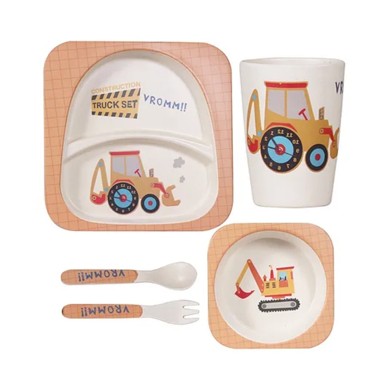 Polka Tots Eco-Friendly 5-Piece Bamboo Fiber Feeding Set For Babies, Toddlers, & Kids Includes Plate, Bowl, Glass, Spoon, Fork  Truck Design | Kids Tableware & Crockery Set