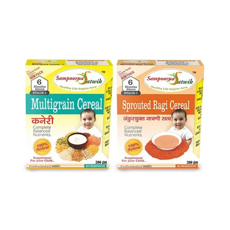 Sampoorna Satwik Sprouted Wheat & Ragi Baby Cereal, Natural & Preservative-Free, 6-24M – 400g Total