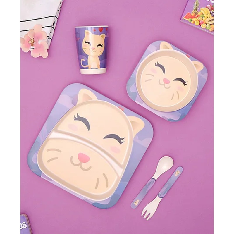 The Bamboo Co Purrfect Kitty Bamboo Kids Dinner Set of 5- Purple