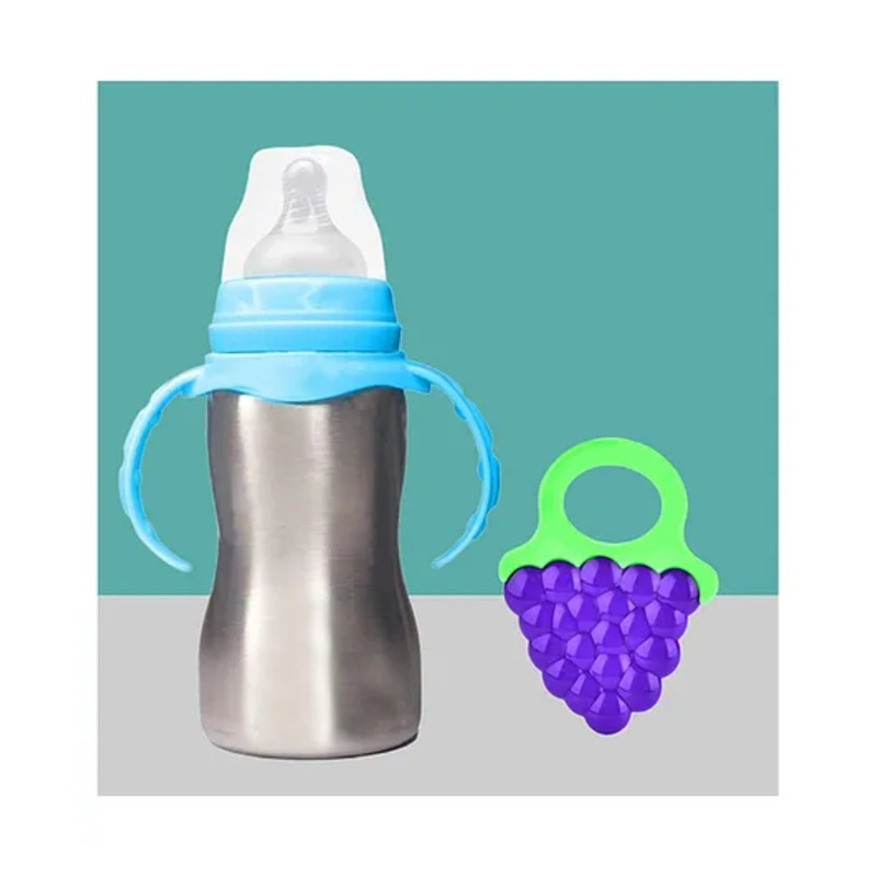 The Cheeky Kidzz Baby 2 in 1 Multi-functional Baby Stainless Steel Milk Juice Feeding Bottle Cum Sipper Bottle With Fruit Shape Silicone Grape Shape Teether Bpa Free (Purple) 240 ml
