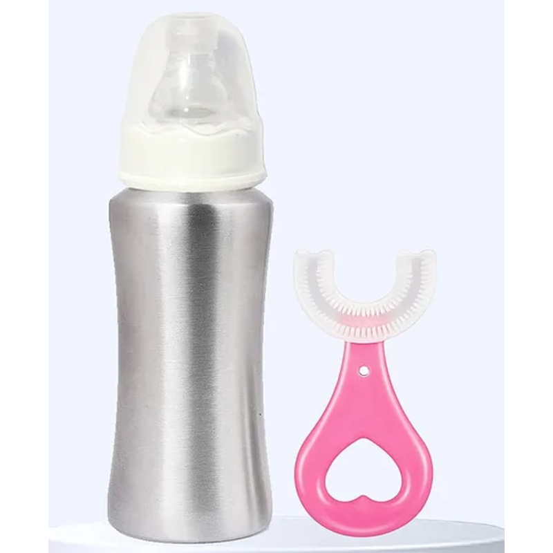 The Cheeky Kidzz Baby U Shape Toothbrush Teether Feeder With Stainless Steel 240ml Bottle Set BPA Free(PINK)