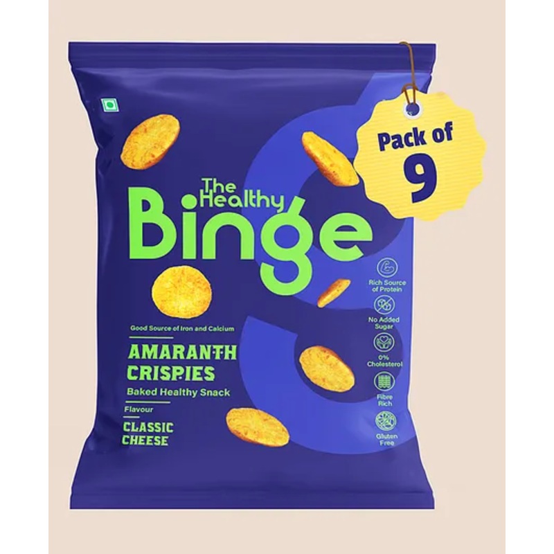 The Healthy Binge Amaranth Baked Chips | Classic Cheese Flavour | Protein and Fiber rich Snacks | Snacks for Adults and Kids | Pack of 9 (40 g X 9)