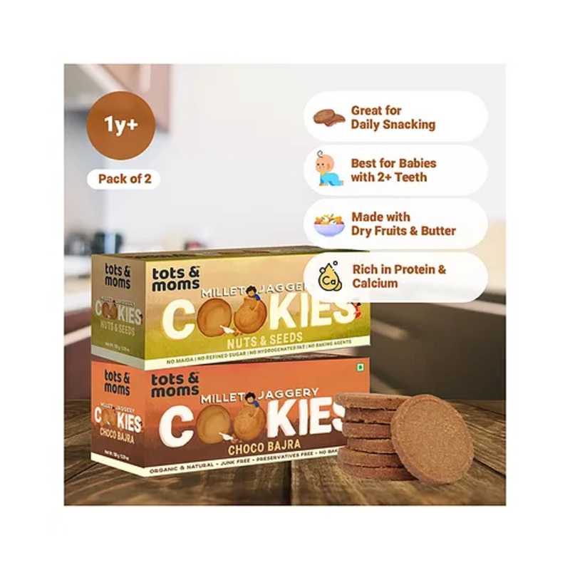Tots & Moms Millet & Jaggery Cookies | Nuts & Seeds | Choco Bajra | 150g Each