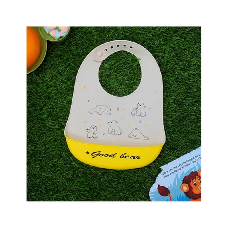 Yellow Bee Silicone Bear Print Bib with Crumb Catcher and Adjustable Closure for Boys – Cream and Yellow