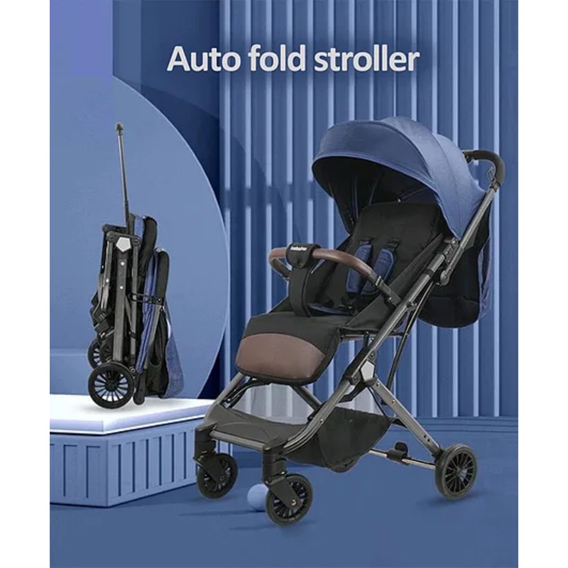 Air Lite Newborn Baby Stroller Auto Fold Aluminium Frame Light Weight Travel Friendly Cabin Trolley Stroller Adjustable Canopy With Extended Mosquito Net Suspension Wheels & Storage Basket – Blue