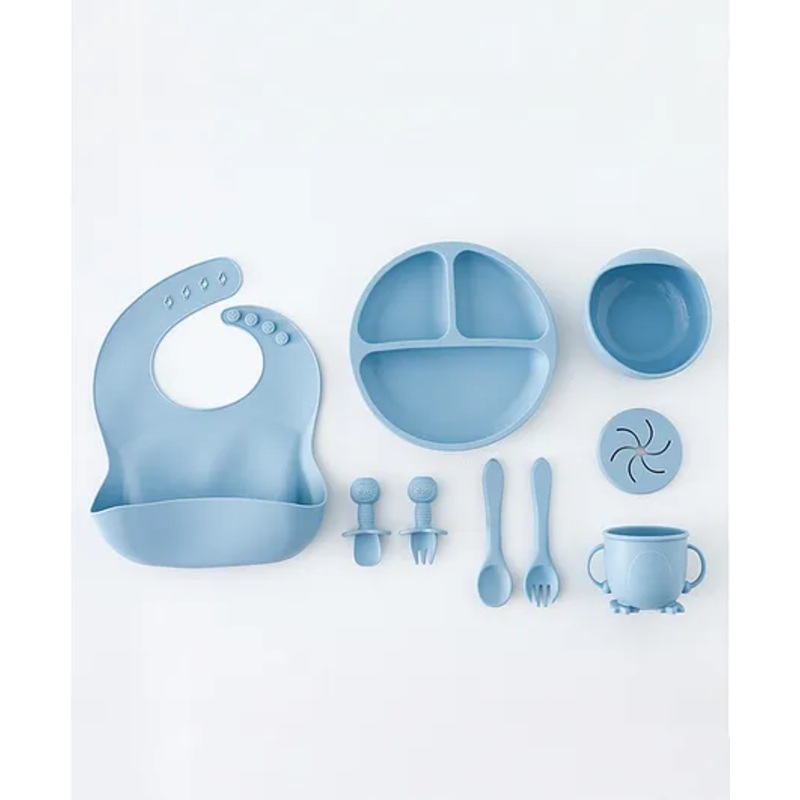 Baby Silicone Feeding Set- Light Blue| Food Grade| Mess-free| Train Self Feeding| Easy to Clean| Gift for Boys & Girls| Dishwasher Safe| Suction Plate, Bowl, Bib, Snack Cup, Training Cup, Spoon & Fork