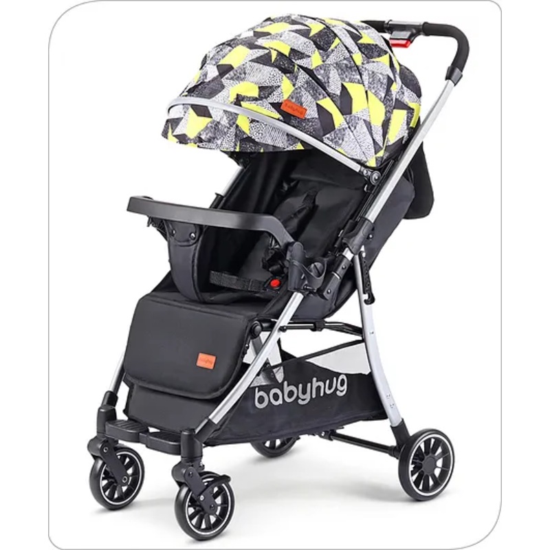Babyhug Travel Compact Baby Stroller with Reversible Handle Adjustable Backrest & Canopy – Yellow| Concealed Link Brake| Suspension Wheels