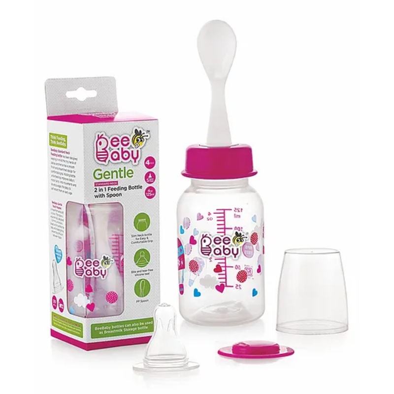 Beebaby Standard Neck Feeding Bottle With Spoon Pink – 125ml
