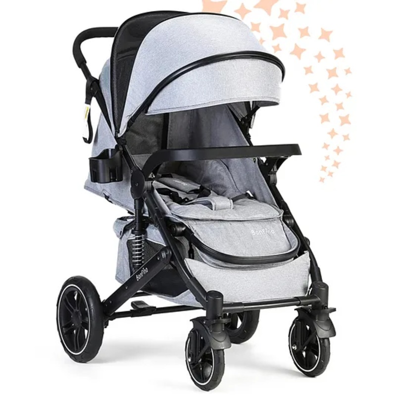 Bonfino Triton Stroller – Adjustable Canopy, Multi-Reclining Back Rest, 5-point Safety, Suspension Wheels – Grey| Aluminum Frame| Compact Fold| Adjustable Leg Rest| Large Spacious Seat| Linen Fabric| Consealed Link Brake| Food Tray