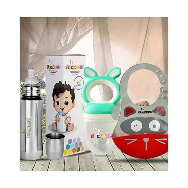 Bunniez Stainless Steel Baby Feeding Bottle -240ml and Silicone Baby Bib – Grey Red & Fruit Feeder – Light Green  – Combo of 3