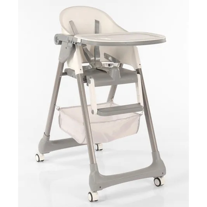 High Chair with Footrest Safety Harness & Storage Without Cushion – White| Adjustable Double Food Tray| Reclining Backrest| Adjustable Height| Freestanding when Folded| Storage Basket| 5 Point Safety Harness| Wheels with Lock