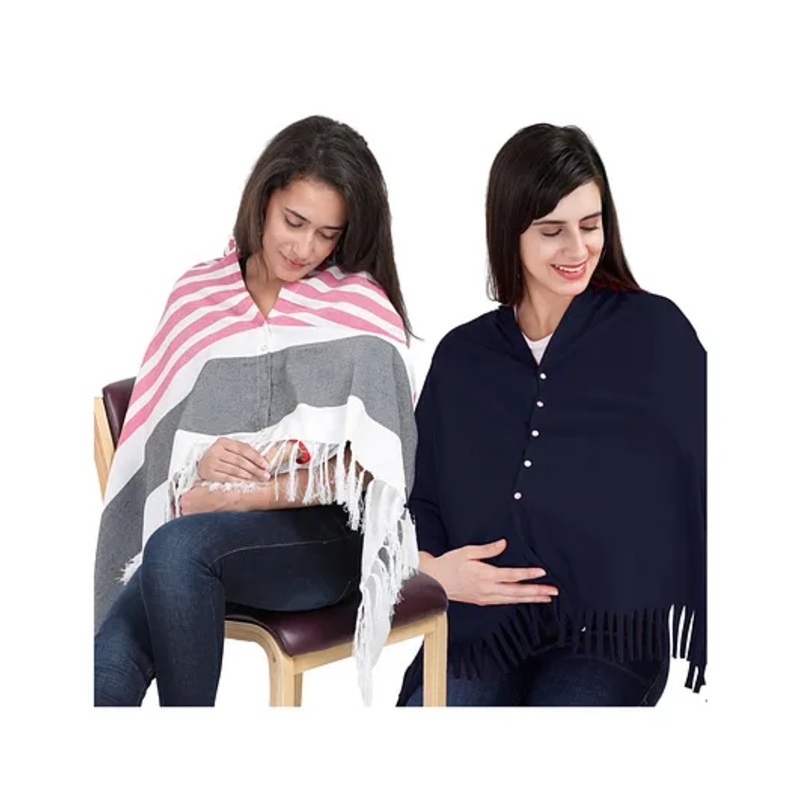 Lulamom Multi-Purpose Breast Feeding Nursing Shawl – Pack of 2 (Pink stripes & Navy solid)