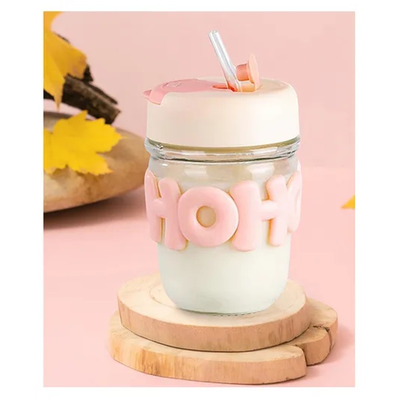 Paper Moon Glass Travel Coffee Mug Tumbler with Straw and Silicone Sleeve, 350ml Portable Drinking Cup Sipper, 1pc – Color May Vary