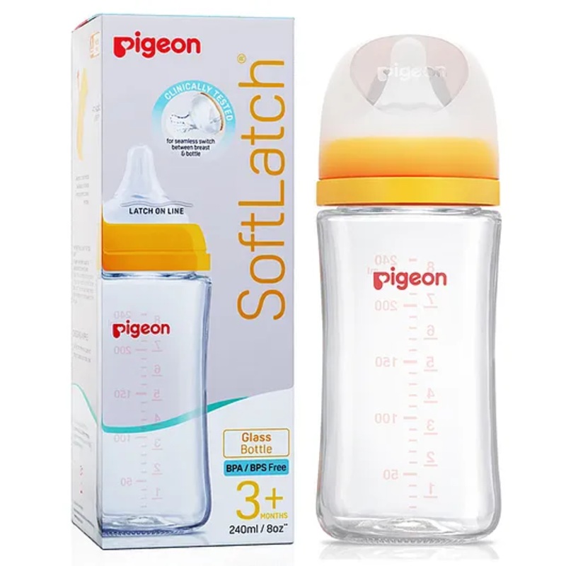 Pigeon Glass Nursing Bottle With Nipple Yellow – 240 ml