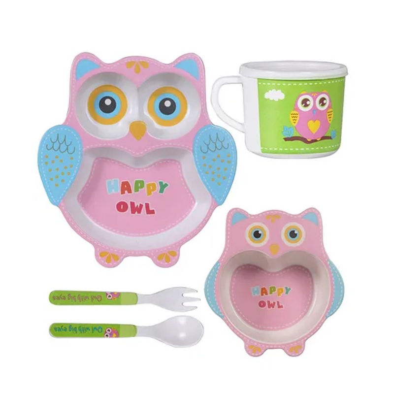 Polka Tots Eco-Friendly 5-Piece Bamboo Fiber Feeding Set For Babies, Toddlers, & Kids Includes Shaped Plate, Bowl, Cup, Spoon, Fork  Happy Owl Design | Kids Tableware & Crockery Set