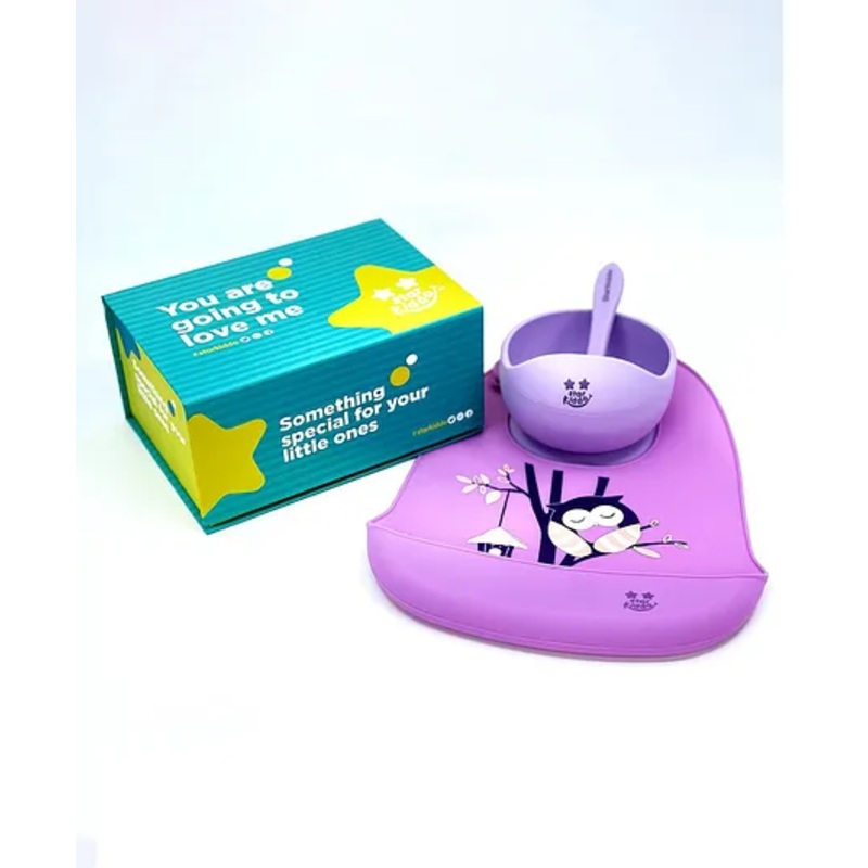 StarKiddo Smart Silicone Suction Bowl & Spoon with Waterproof Silicone Bib – Mauve Purple